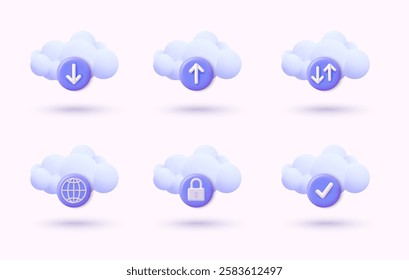 Media loading, data transfer, cloud storage and cloud computing. Icons related to data exchange, traffic, files, cloud, server. 3D Web Vector Illustration.