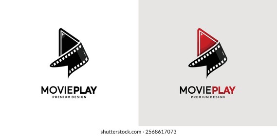 Media logo design in the form of a sign play with film tape. Movie play logo