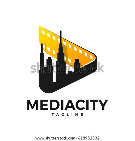 Media logo in the form of a sign (play) with a film and a city in the inside