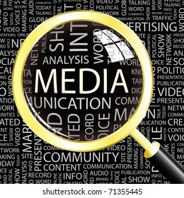 MEDIA. Magnifying glass over background with different association terms. Vector illustration.