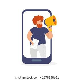 Media. Man is talking in megaphone. Speaker. He gives lecture. Guy holds a sheet of paper in his hand. Live video broadcast. Modern vector illustration.