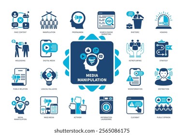 Media Manipulation icon set. Astroturfing, Hoaxing, Fake Content, Distraction, Clickbait, Misinformation, Activism, Rhetoric. Duotone color solid icons