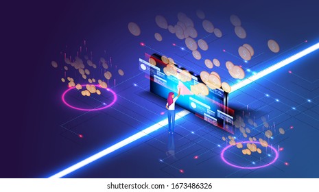 Media marketing concept. Monetization, make money online concept. Software, profit receiving, successful. Mobile application development, app monetization. Gold coins, earnings. Vector illustration