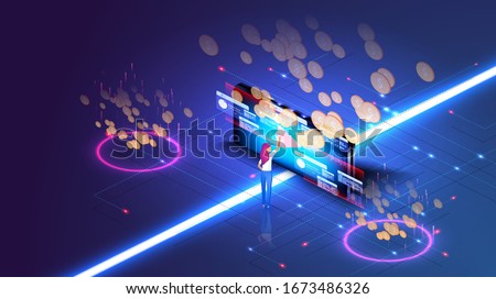 Media marketing concept. Monetization, make money online concept. Software, profit receiving, successful. Mobile application development, app monetization. Gold coins, earnings. Vector illustration