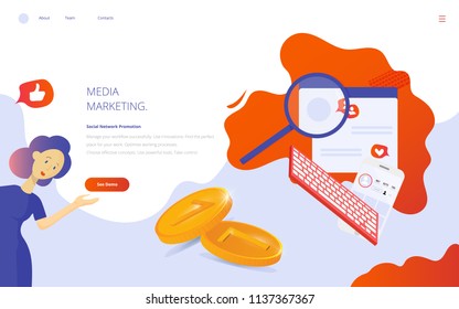 Media Marketing and Social networking concept vector flat illustration. Creative online blogging as Media Marketing via internet communication landing page or presentation template.
