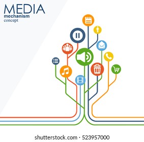 Media mechanism concept. Growth abstract background with integrated meta balls, integrated icon for digital, strategy, internet, network, connect, communicate, technology, global concepts.
