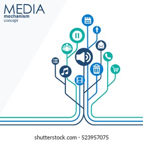 Media mechanism concept. Growth abstract background with integrated meta balls, integrated icon for digital, strategy, internet, network, connect, communicate, technology, global concepts.