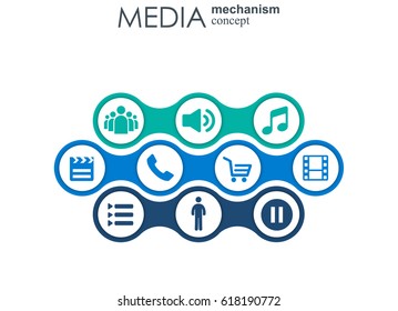 Media mechanism concept. Growth abstract background with integrated meta balls, integrated icon for digital, strategy, internet, network, connect, communicate, technology, global concepts.