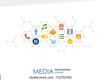 Media mechanism concept. Growth abstract background with integrated meta balls, integrated icon for digital, strategy, internet, network, connect, communicate, technology, global concepts.