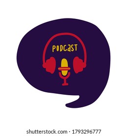 The media, a microphone and a speech bubble icon doodles. Sound recording device, media equipment hand-drawn vector illustration. Microphone, broadcast media color drawing isolated on a white