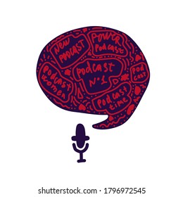 The media, a microphone and a speech bubble icon doodles. Sound recording device, media equipment hand-drawn vector illustration. Microphone, broadcast media color drawing isolated on a white