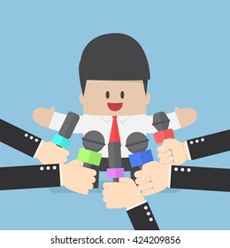 Media microphones held in front of business man, press conference, politician, public speaking concept