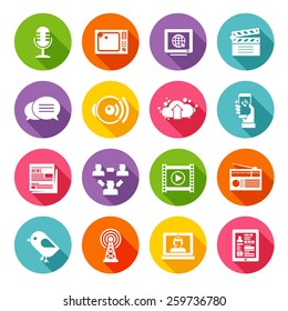 Media multimedia and business communication icon flat set isolated vector illustration