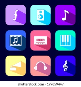Media and music flat icons set with long shadow
