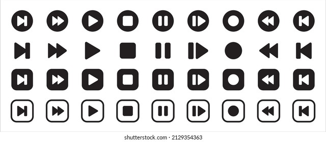 Media music player button icons. Multimedia player buttons set. Contains icon of play, pause, stop, record, next track, back, previous, forward, and backward. Vector illustration.