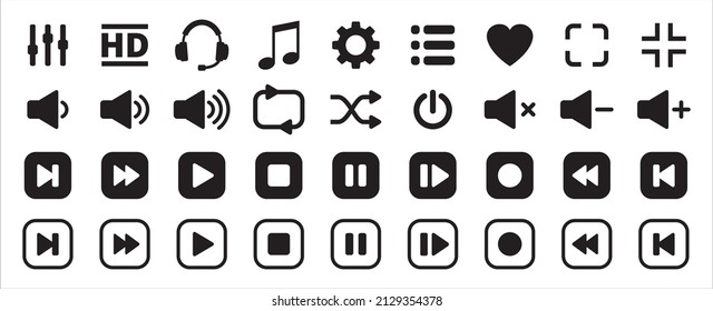 Media music player button icons. Multimedia player buttons set. Contains icon of equalizer, pause, setting, record, favorite, repeat, power, menu, forward, backward, next, back. Vector illustration.