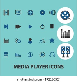 media, music player icons, signs set, vector
