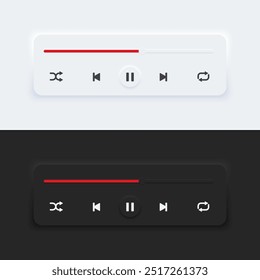 Media music player interface bar dark and day mode. Audio player bar for songs or podcast playlists. Neumorphism style, UI UX design for app and web, Vector illustration.