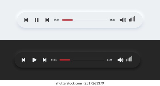 Media music player interface bar dark and day mode. Audio player bar for songs or podcast playlists. Neumorphism style, UI UX design for app and web, Vector illustration.