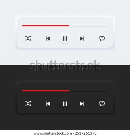 Media music player interface bar dark and day mode. Audio player bar for songs or podcast playlists. Neumorphism style, UI UX design for app and web, Vector illustration.