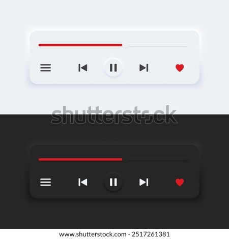 Media music player interface bar dark and day mode. Audio player bar for songs or podcast playlists. Neumorphism style, UI UX design for app and web, Vector illustration.