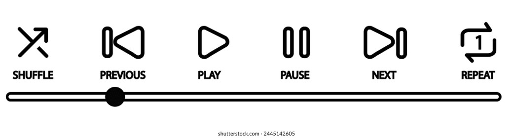 Media music player interface icon set in line style, Multimedia navigation symbol buttons.