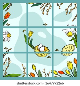 Media network collage for spring holiday. Floral set on turquois backdrop with willow twig, jonquil, tulip, chicken nest for social network template news feed, paschal print. Stock vector illustration