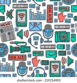 Media network communication technology advertising color sketch seamless pattern vector illustration