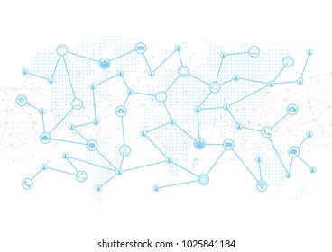 Media network connecttion over world map background, communication concept, vector