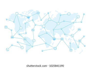 Media network connecttion over world map background, communication concept, vector