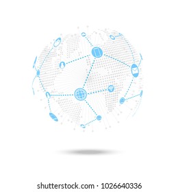 Media network connecttion over world map background, communication concept, vector