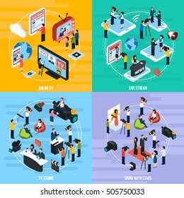 Media Network Isometric Template With Reportes Journalists Newsman And Correspondents Isolated Vector Illustration