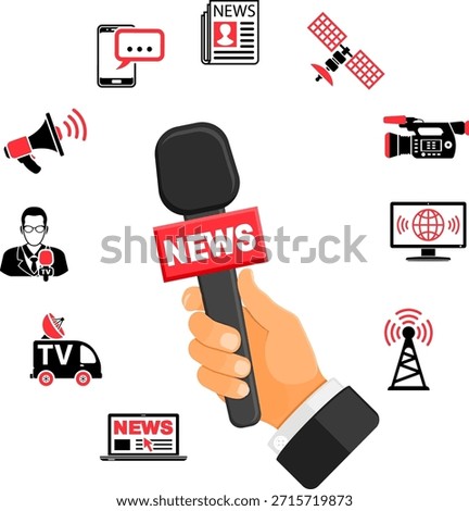 Media and News Concept Media and News Vector Concept with Icon set in two color such as Journalist Microphone Newspaper Camera laptop and hand holds microphone. Isolated vector illustration