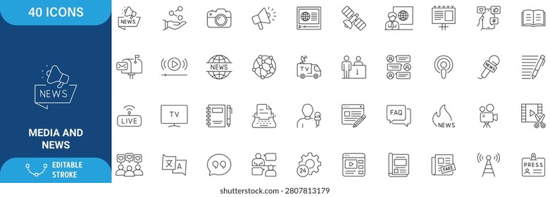 Media and news icon set. Containing News, Television, blogging, social media, video, promotion, and more. line Icon Collection. Editable stroke. Vector illustration