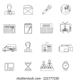 Media news icons outline set with speaker posting shooting report isolated vector illustration