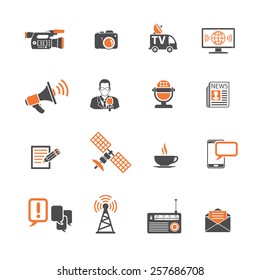 Media And News Icons Set With Journalism, Television, Newspaper And SMS In Two Color. Vector Isolated On White.