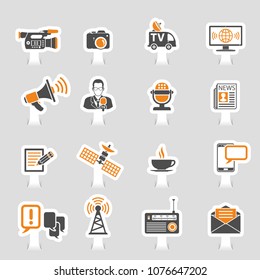 Media and News Icons Sticker Set with Journalism, Television, Newspaper and SMS in two color. Vector illustration