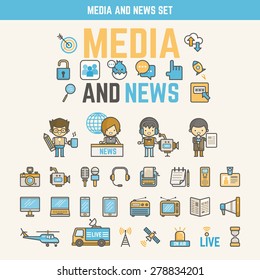 media and news infographic elements for kid including characters and icons