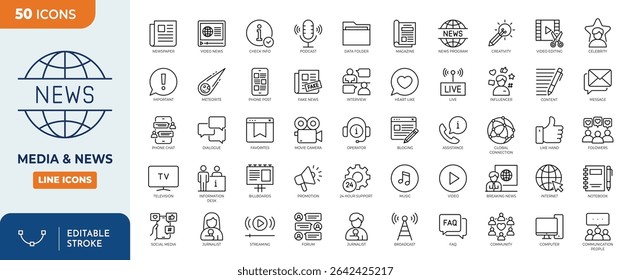 Conjunto de ícones editáveis da linha de mídia e notícias. Contendo notícias, televisão, blogs, mídias sociais, vídeo, promoção e muito mais. Traçado editável. Ilustração vetorial