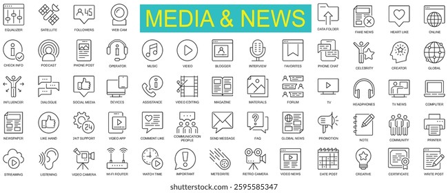 Media and News Line Icon Set || Digital Communication Symbols Collection