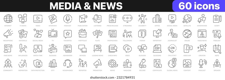 Colección de iconos de línea de medios y noticias. Televisión, blogueo, medios sociales, video, íconos de promoción. conjunto de iconos de la interfaz de usuario. Paquete de iconos de contorno delgado. Ilustración del vector EPS10