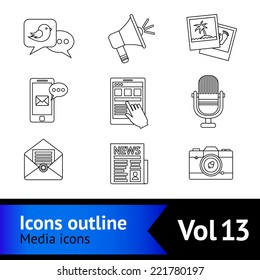 Media news social communication outline icons set with megaphone tablet camera isolated vector illustration