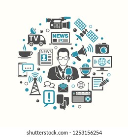 Media and News Vector Concept with Icon set in two color such as Journalist Microphone Newspaper Camera Satellite laptop. Isolated vector illustration