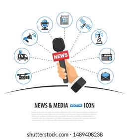 Media and News Vector Concept with Icon set in two color such as Newspaper Camera and journalist hand holds microphone. Isolated vector illustration