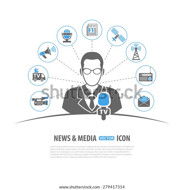 Media and News Vector\
Concept with Icon set in two color such as Journalist Microphone\
Newspaper Camera Satellite Megaphone, may be used for Flyer,\
Poster, Web Site