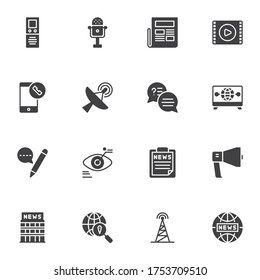 Media news vector icons set, modern solid symbol collection, filled style pictogram pack. Signs, logo illustration. Set includes icons as radio microphone, newspaper, global broadcasting, monitoring