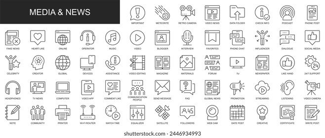 Media and news web icons set in thin line design. Pack of phone post, likes, blogger, interview, video, favorite, influence, dialogue, influence, other outline stroke pictograms. Vector illustration.