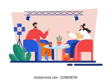 Media newsroom woman interview in a live studio Illustration concept on white background