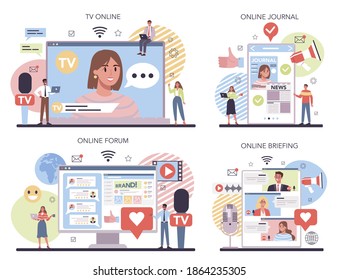 Media online service or platform set. Brand promotion and communication with customer. Online tv, briefing, forum, journal. Isolated flat vector illustration