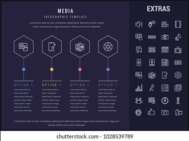 Media options infographic template, elements and icons. Infograph includes line icon set with global social media, user profile, tv broadcast, music note, microphone, vinyl record, video camera etc.